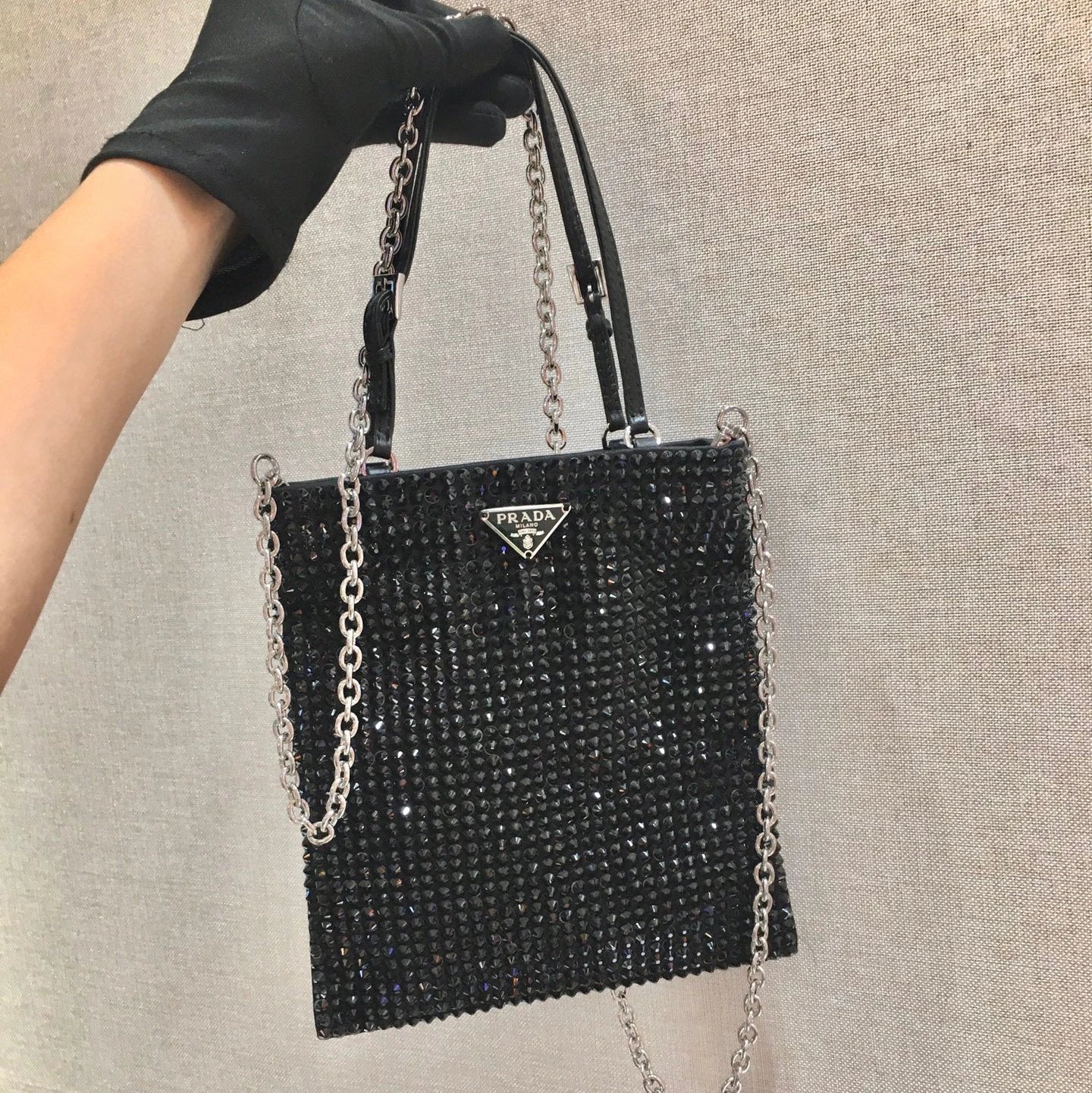 PRADA Bag Top version Popular Rhinestone Full Diamond Decorative Nylon Chain Bag Handbag Handbag Hand Bag Shoulder Bag Messenger Bag Women's Bag Black for Women Silver1N6608