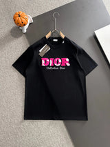 Dior T-shirt Color-Block Letter Towel Embroidery on the Chest logo round Neck Short Sleeve25ss New Pure Cotton Unisex Style T Casual T-Shirt Base Layer Shirt OS Loose Fit Half Sleeve Top Plus Size