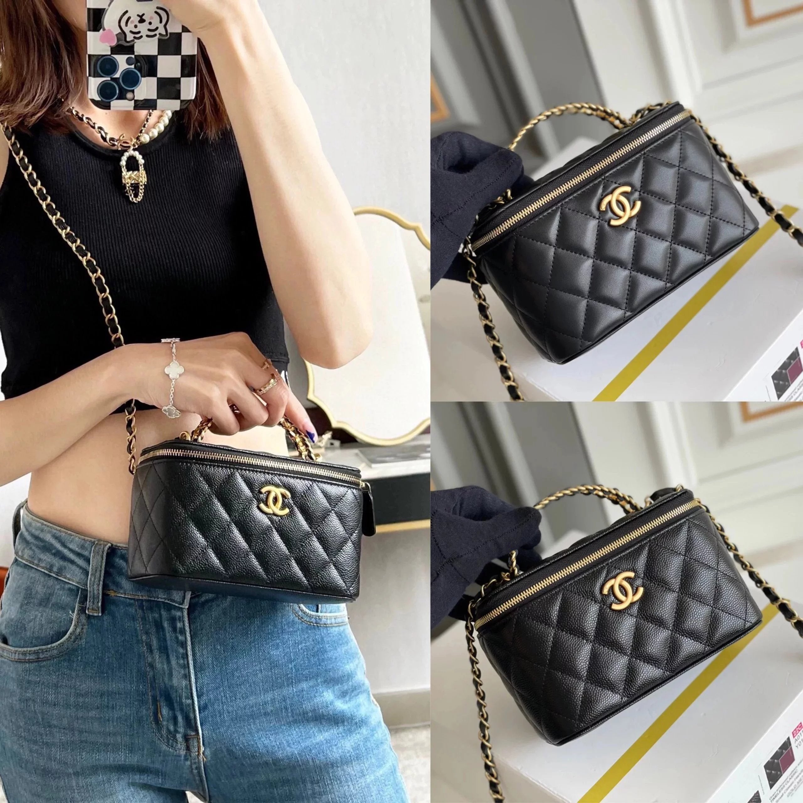 Chanel Women's Bag Top version 【**Original Leather】New Letter Hollow Handle Cosmetic Bag Long Box Bag Cosmetic Case Box Bag Handbag Shoulder Bag Messenger Bag Caviar Cowhide Original Sheepskin Leather Women's Bag Intrazone Mirror Bag Mobile Phone Bag Stor