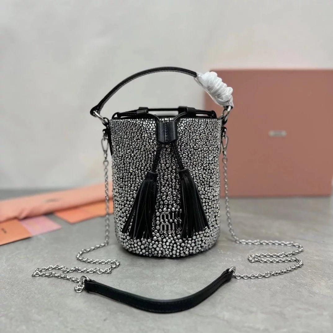 Miu Miu Bag Top version 【Highest Version Original Leather】New Diamond Bucket Bag Tassel Bucket Bag Handbag Crossbody Women's Bag New Full Diamond Small Bucket Rhinestone Tassel Bucket Bag5BE085