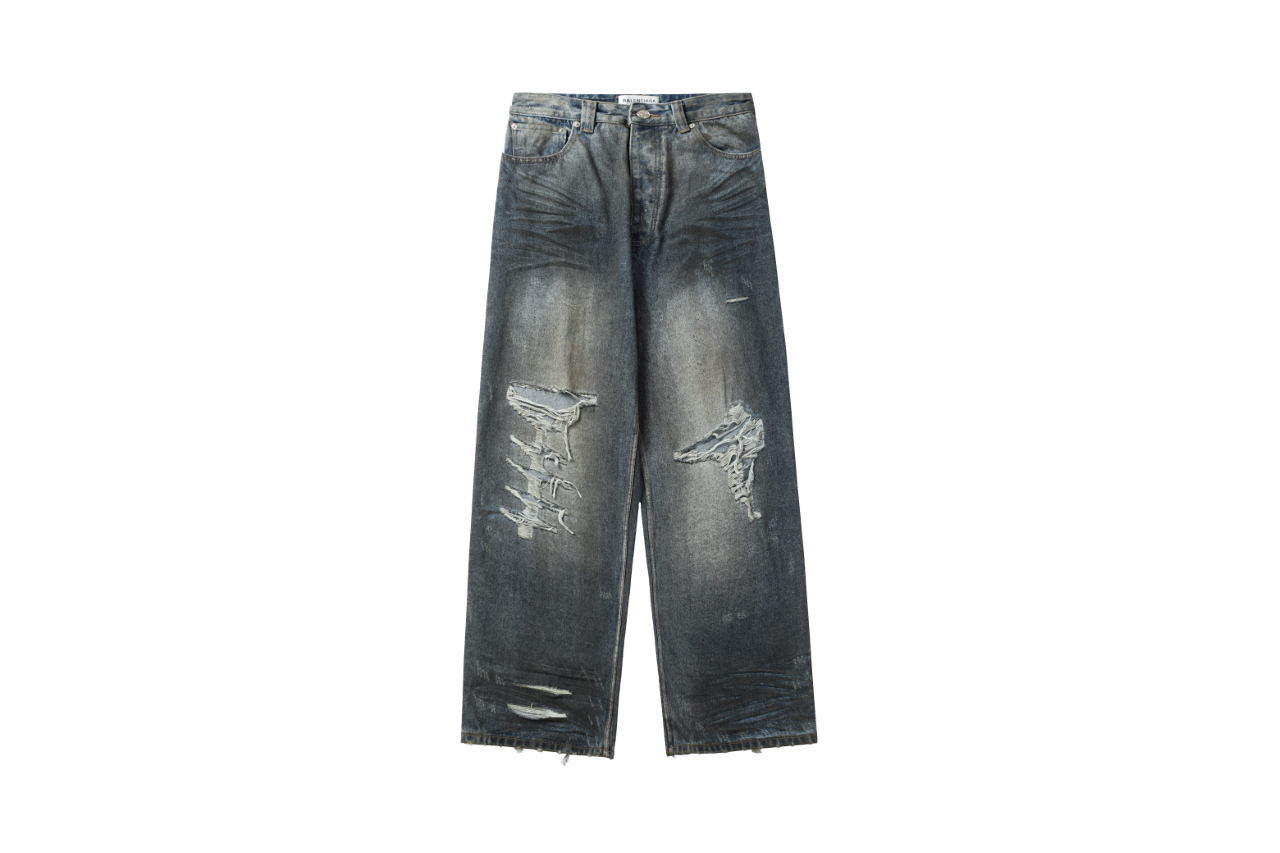 Balenciaga Jeans Hidden Distressed Dyed Stained Straight Washed Blue Jeans Autumn Winter New Unisex Loose Casual Wide Leg High Waist Pants