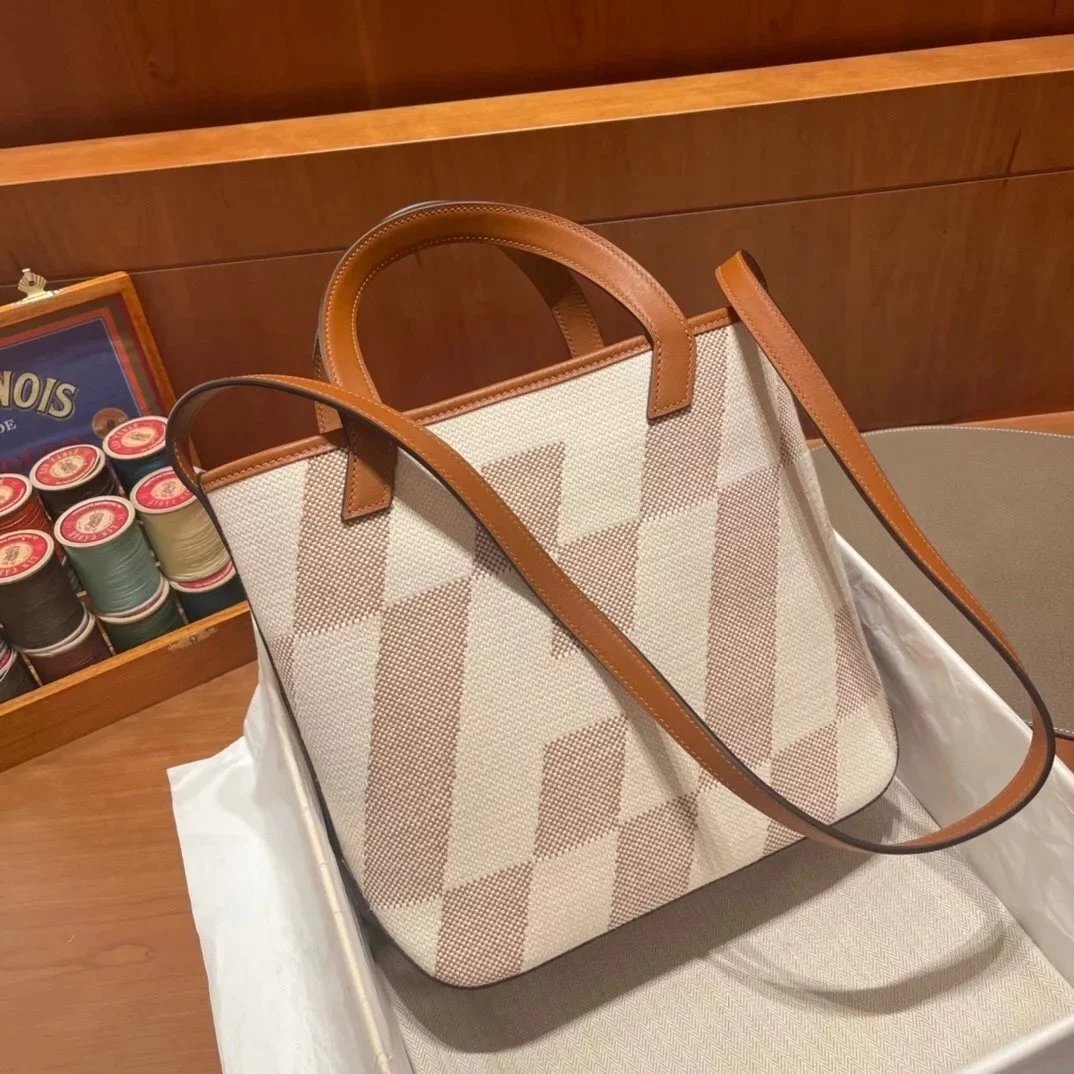 Hermes women's bag Top version Handmade cabasHenbiais27New swift Leather Canvas Twill Black Golden Brown Tote Bag