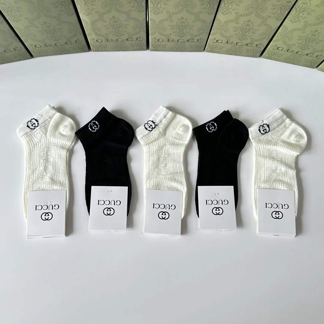 Gucci Sock 【Five Pairs Per Box】Classic Letters logo Pure Cotton Mid-Calf Short Tube Socks Breathable Fashionable25ss New Short Cotton Socks Spring Summer Autumn Thin Business Deodorant Sweat-Absorbing Sports Casual Versatile