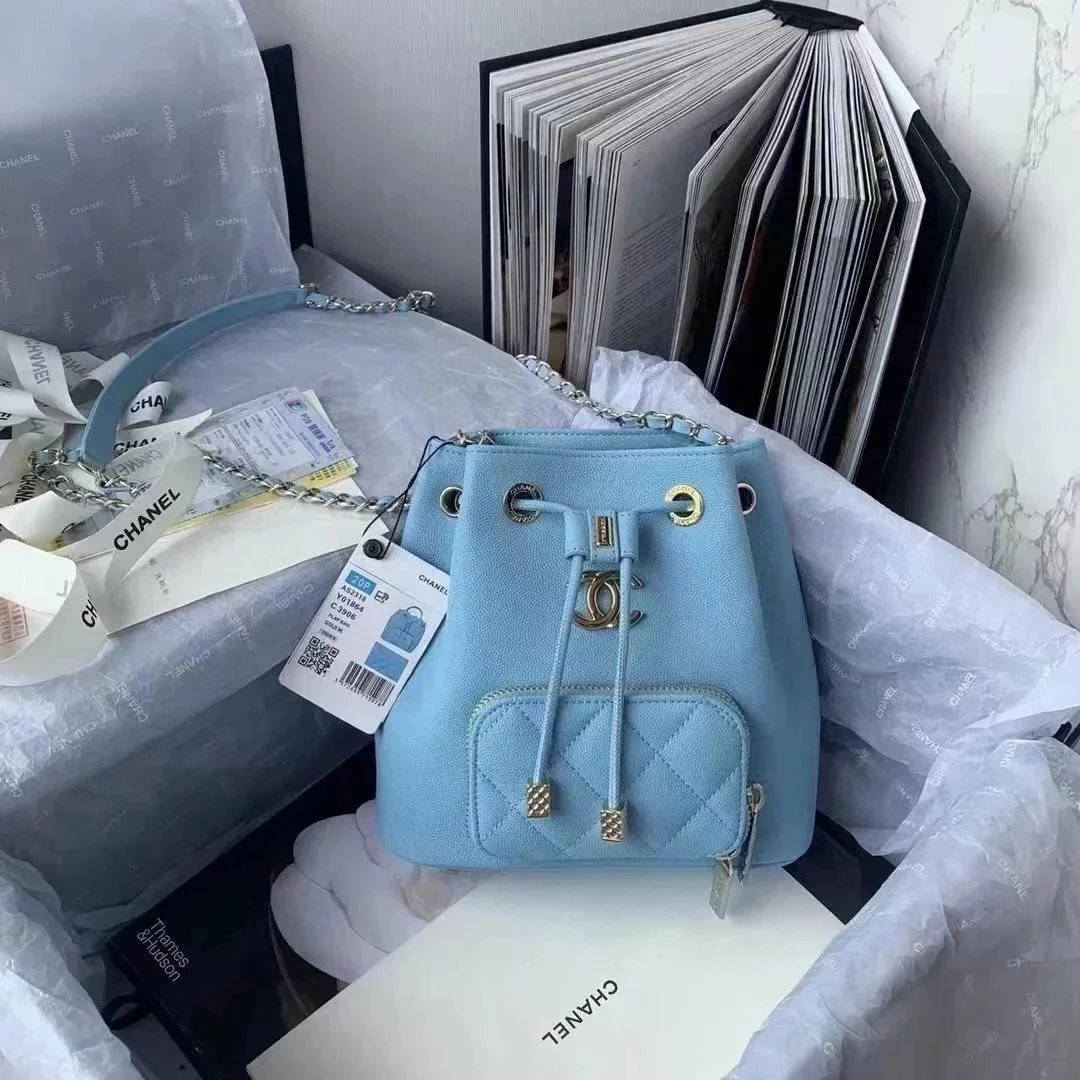 Chanel Backpack Bag Top version 2022New22P Latest Concept Women's Drawstring Small Bucket Bag Cowhide Lychee Pattern Ball Pattern Caviar Drawstring Bucket Bag Women's Bag Shoulder Crossbody Backpack as2318