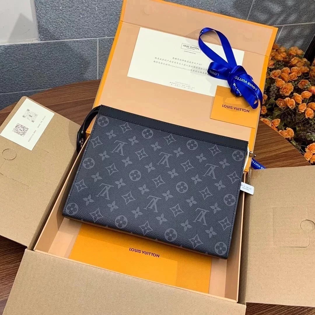 Louis Vuitton LV Wallets/Clutches Top version New upgrade version PochetteVoyage Medium Handbag Men's Clutch Clutch Bag M61692Black Flower M44466Presbyopic M41696Coffee color lattice M69535Black and Gray