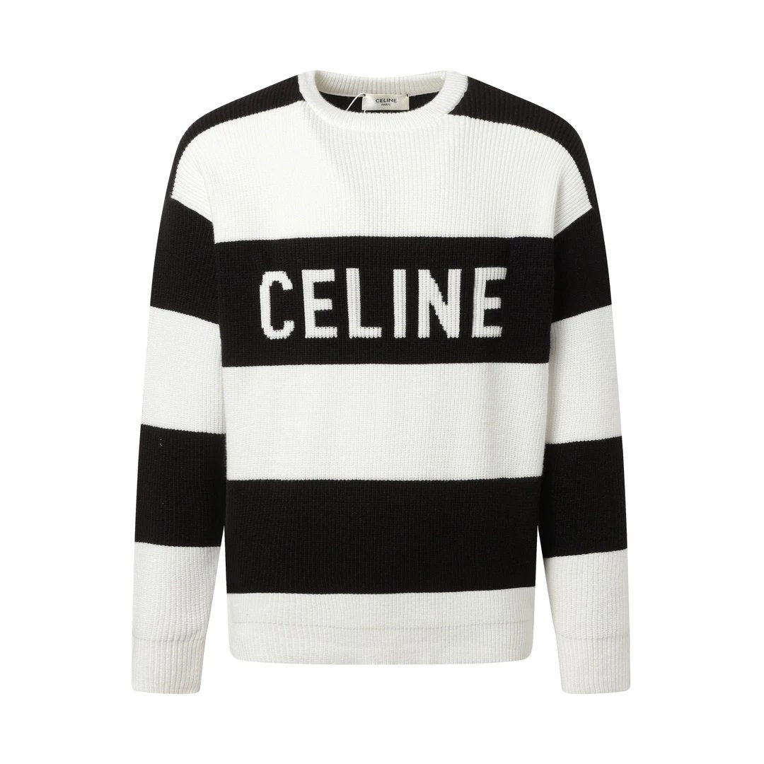 Celine Sweater Knitted Jacquard Striped Crew Neck Sweater Long Sleeve Pullover Thickened Lazy Style OS Loose Fit Unisex Knit Top Jacket Versatile Casual Wearable Inside and Outside