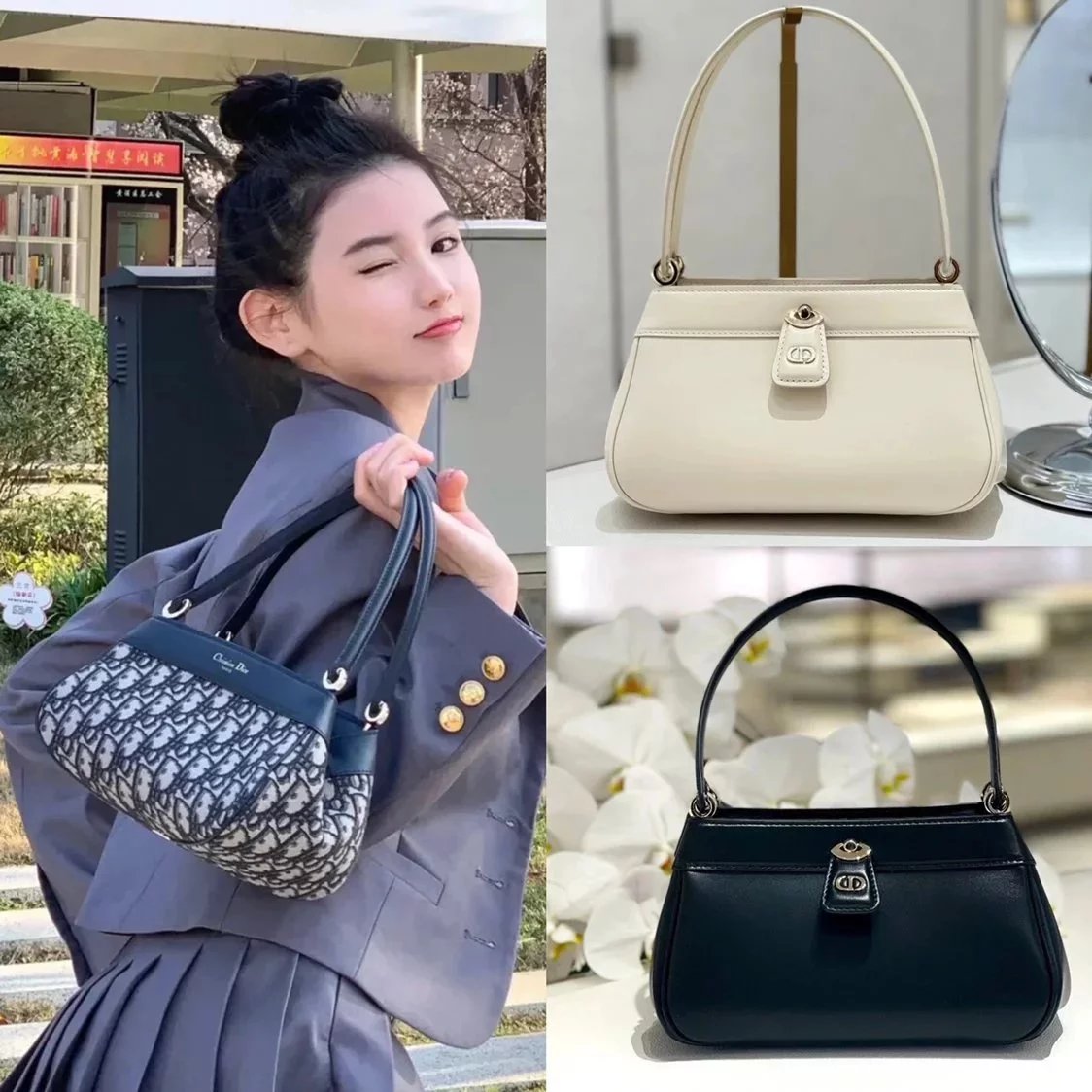 Dior Women's Bag Top version 【Original Genuine Goods Leather】Dilireba Same Style New Key Handbag Underarm Bag Backpack Handbag New Women's Bag key Handbag Elegant Retro Stylish Bag in Blue Oblique Presbyopic Fabric