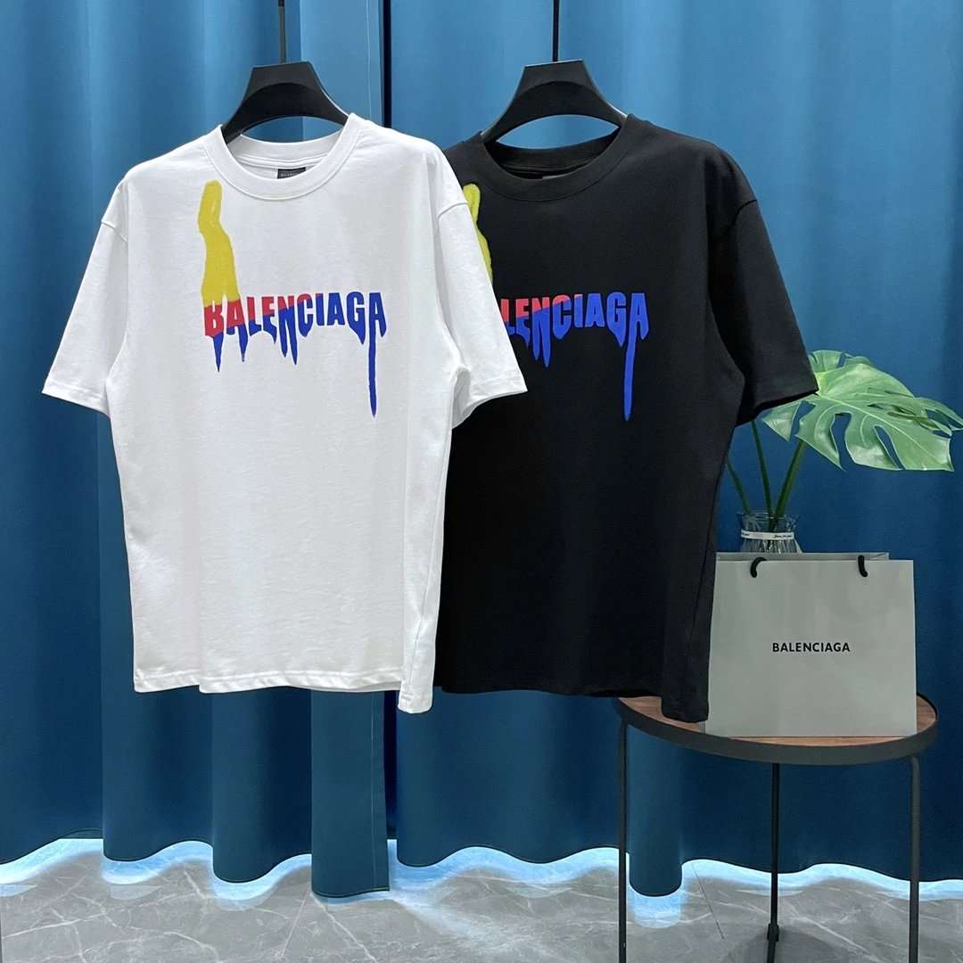 Balenciaga T-shirt Chest Print logo round Neck Short Sleeve25ss New Pure Cotton Unisex Style G Home T T-shirt OS Loose Fit Base Shirt Casual Top Short Sleeve T-Shirt
