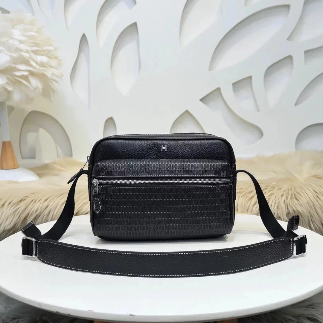 Hermes men's bag Top version Genuine Goods Grade New Classic Men's Fashion Crossbody Bag Men's Casual Shoulder Bag Men's Bag First Layer Cowhide Handbag Khaki Full Leather Black Canvas Handmade Big Bag