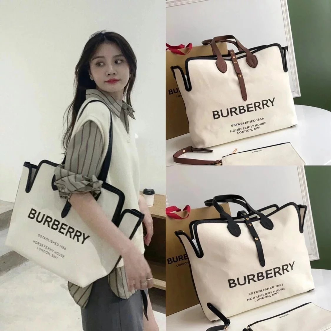 Burberry Women's Bag Top version Canvas Shopping Bag Original Order TheBelt Mini Top Handbag Women's Bag Large Capacity Totes Shoulder Bag Women's Bag
