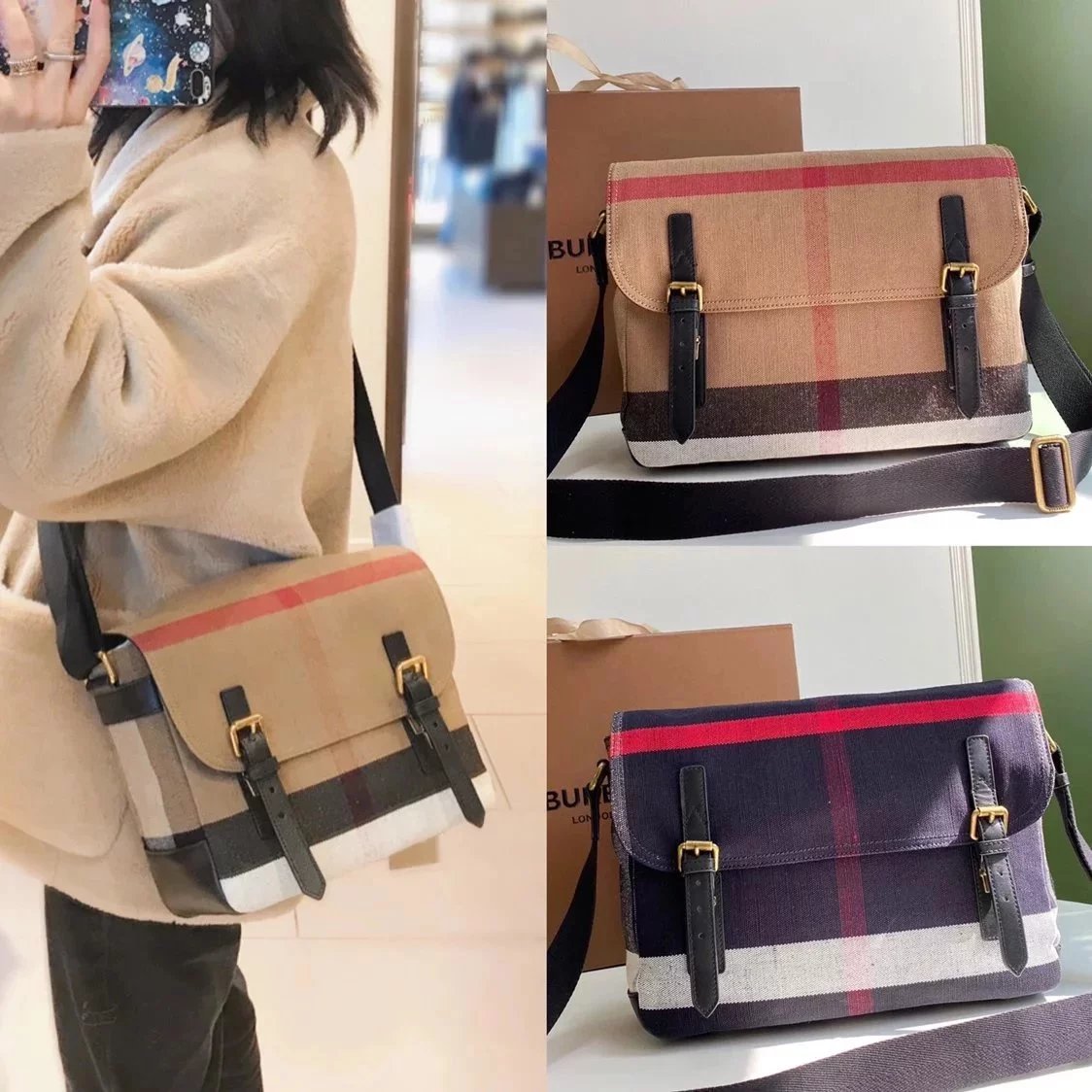 Burberry Women's Bag Top version Classic Canvas Canvas Plaid Flip Double Buckle Messenger Bag Shoulder Crossbody Men's and Women's Bags
