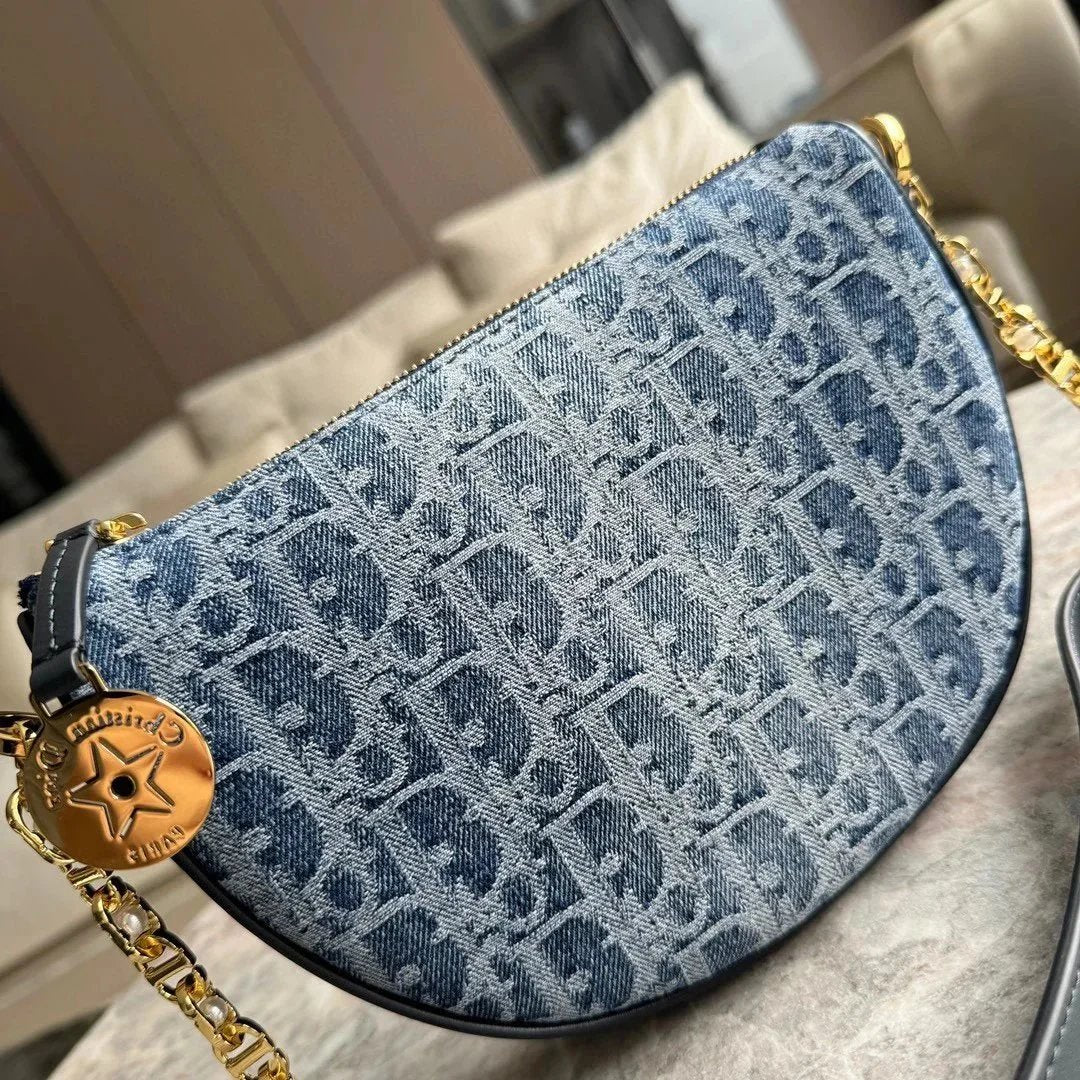 Dior Women's Bag Top version 【Runda Leather Goods】Popular Gradient Denim Blue StarCallistohobo Women's Chain Handbag S3206Denim Saddle Bag Underarm Shoulder Bag Oblique Denim Small round Biscuit Hobos Hand Holding Tote Women's Bag