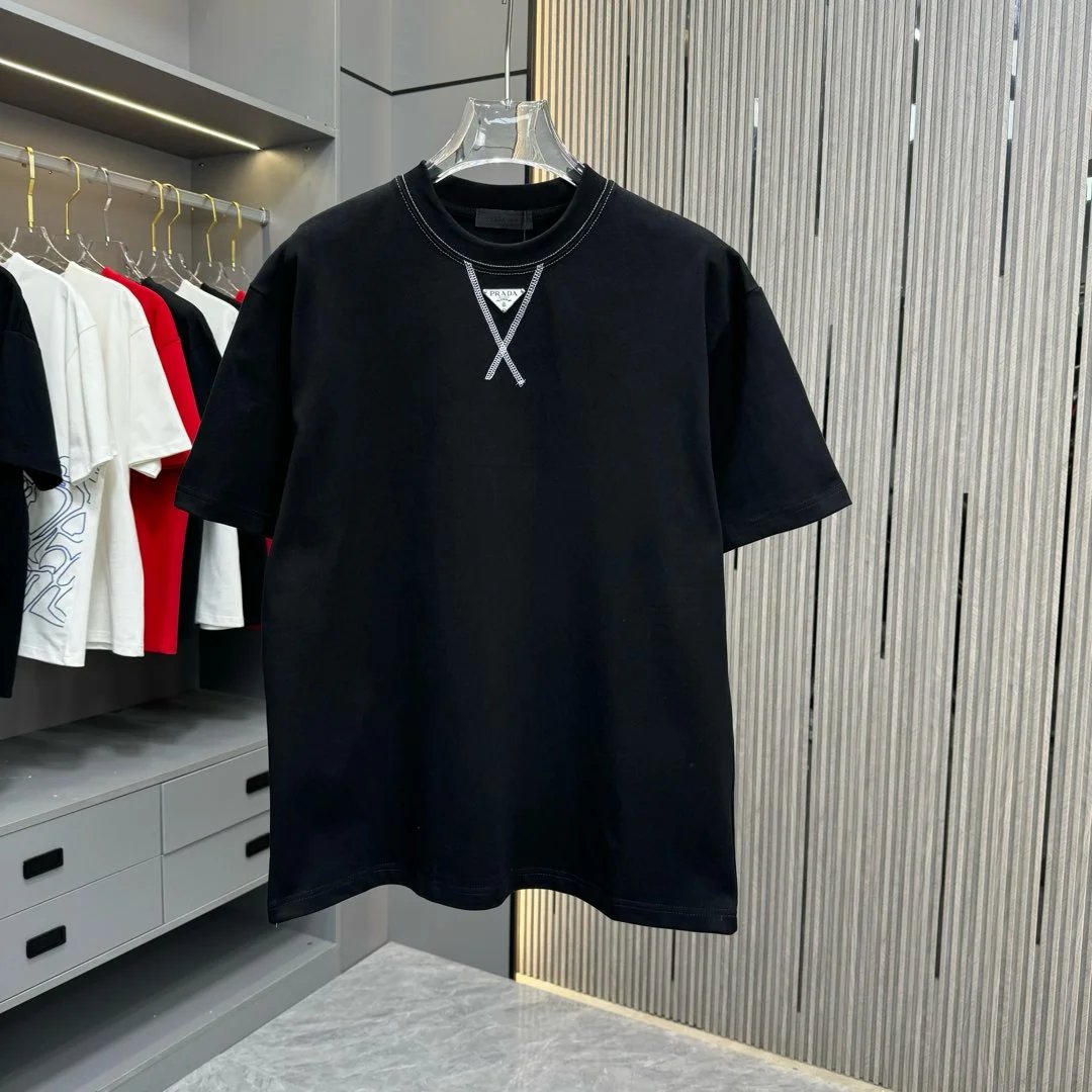 PRADA T-shirt Simple Chest Embroidery logo round Neck Short Sleeve25ss New Pure Cotton Unisex Style T T-shirt OS Loose Fit Base Shirt Top Half Sleeve T-Shirt