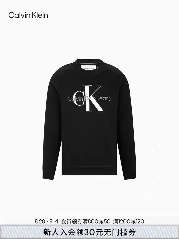 Calvin Klein Hoodie Top Version Spring and Autumn Men's Casual round Neck Cotton Overlapping Embroidery Printed Pullover Sweatshirt J320787