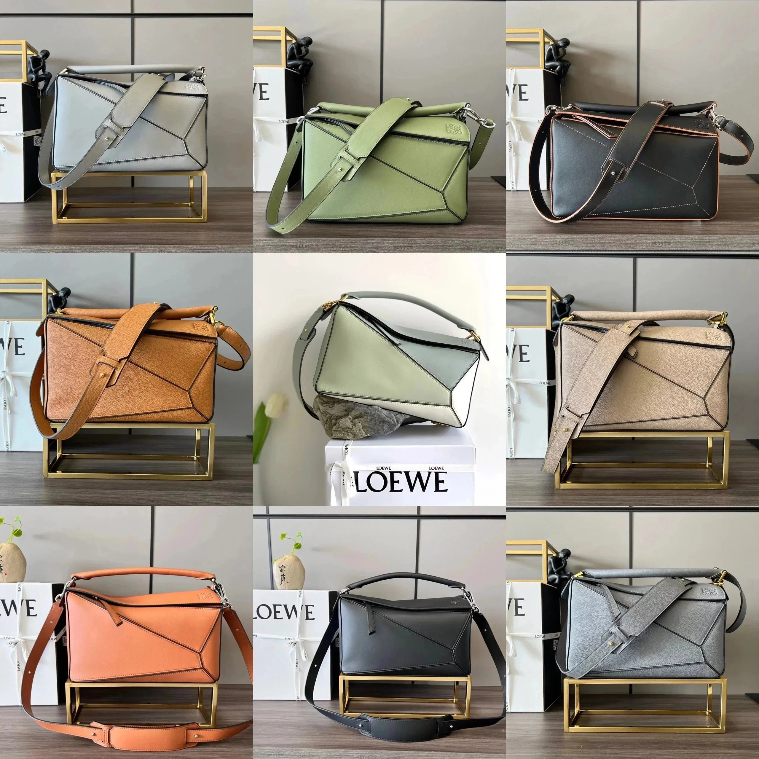 LOEWE Women's Bag Top version 【Level Surrogate Shopping】puzzle Geometric Bag Women's Bag mini18cm Mini Geometric Bag Crossbody Bag Small Size24cm Medium29cm Splicing Box Bag loewe Classic Geometric Crossbody Bag