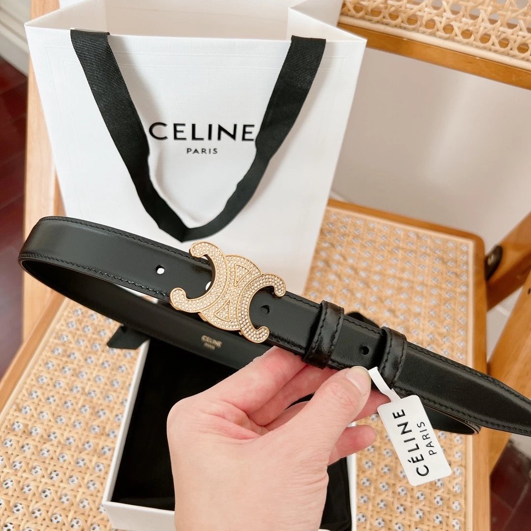 Celine Belt Top version Original Order in Stock Classic Triumph Door Latch Women's Belt Italy Imported Double-Sided Calfskin Retro Bright Gold Brass Buckle Belt Women's Width2.5Belt Female Women's Belt
