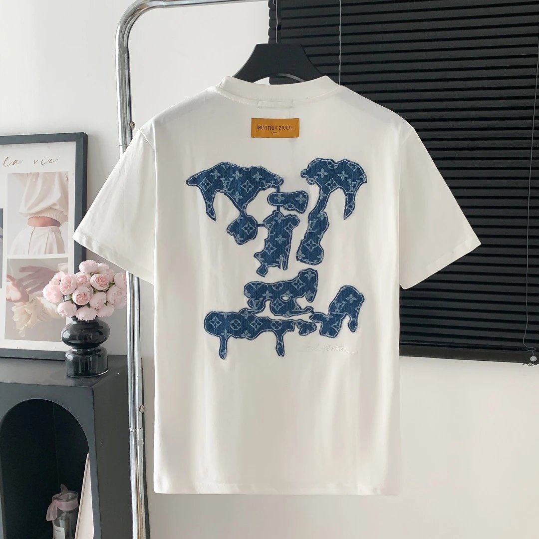 Louis Vuitton LV T-shirt Back logo Denim Patch Letter Crew Neck Short Sleeve25ss New pure cotton T Unisex T-Shirt OS Loose Fit Base Shirt Top Half Sleeve T-Shirt