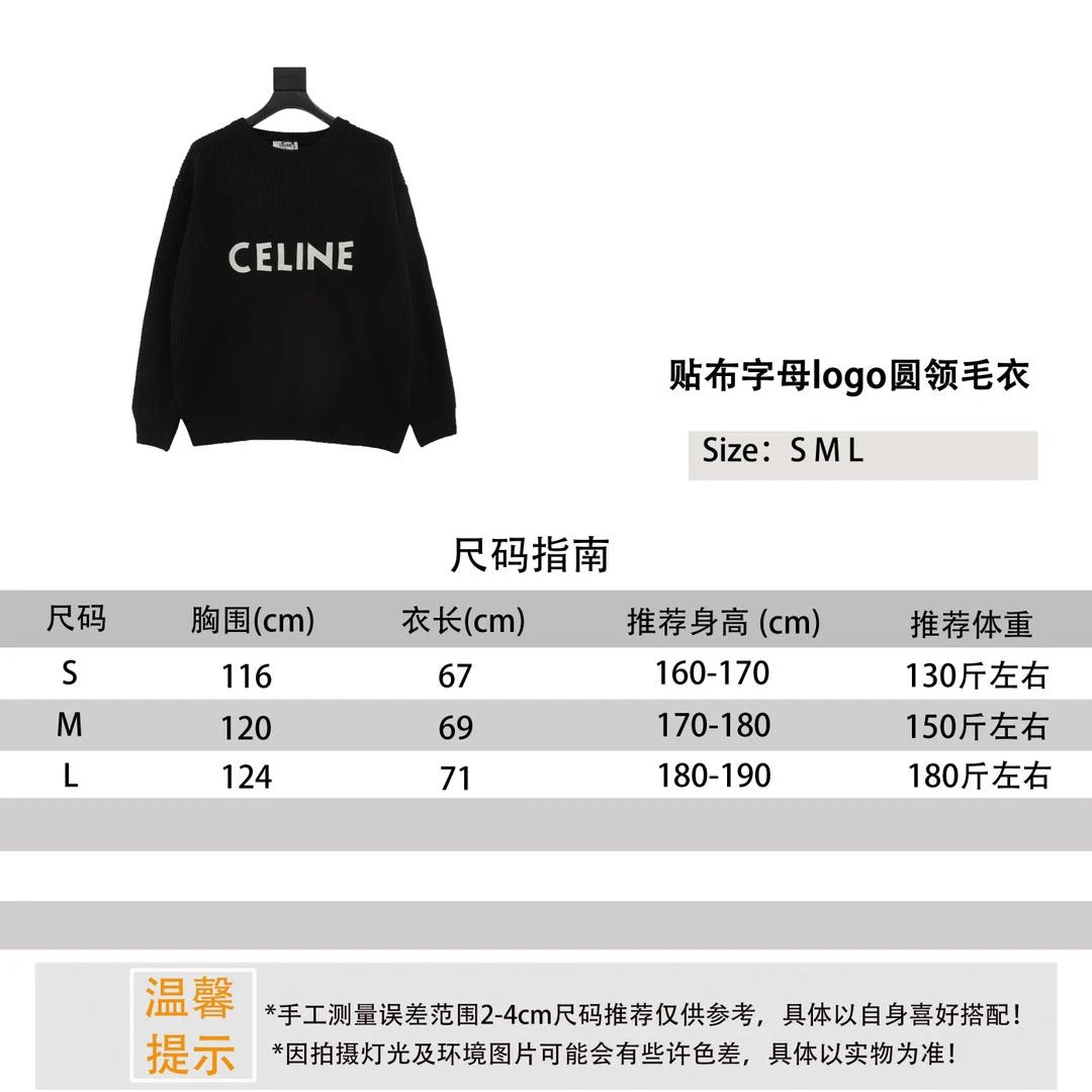 Celine Sweater Patch Letters logo round Neck Sweater for Men and Women