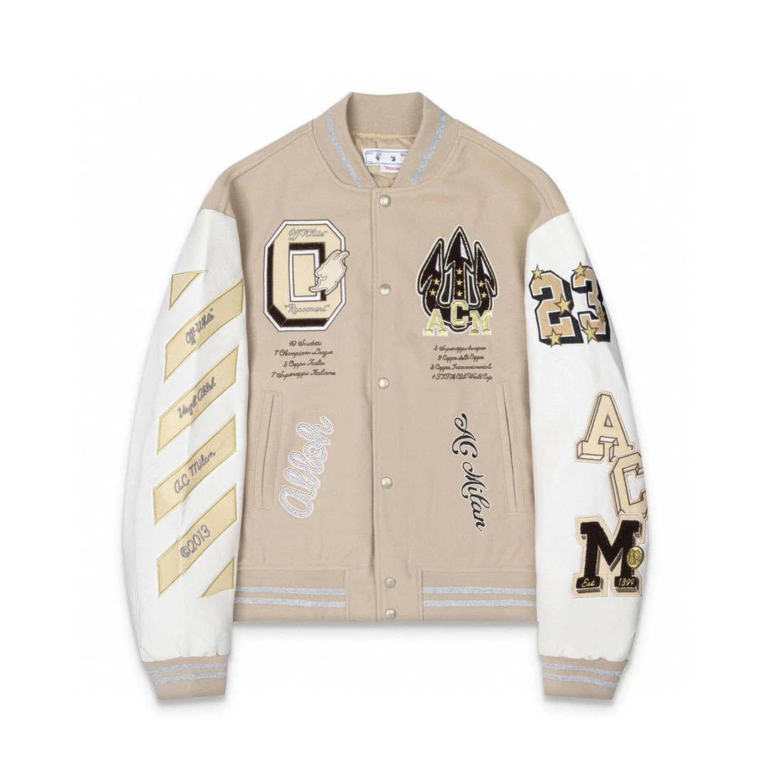 OFF-White Jackets Top Version Spring and Autumn Fashion Brand Fashion Letter Embroidery Baseball Uniform Men's and Women's Same Cartoon Rhinestone Long-Sleeved Casual Jacket