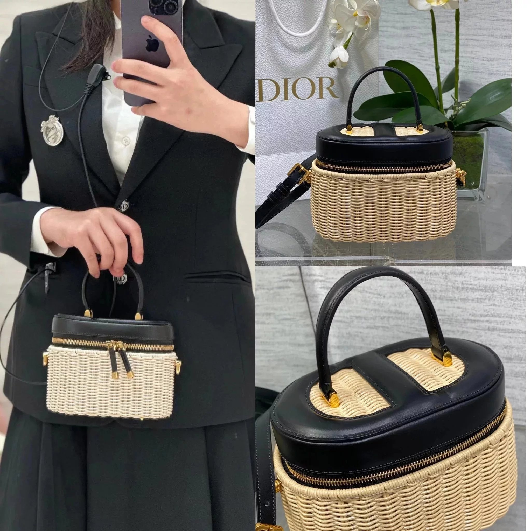 Dior Women's Bag Top version 【Super Original Version】】24New woven bag signaturevanity Cosmetic Case Bamboo Woven Bag Portable Box Bag vanity Cosmetic Bag Travel Bag