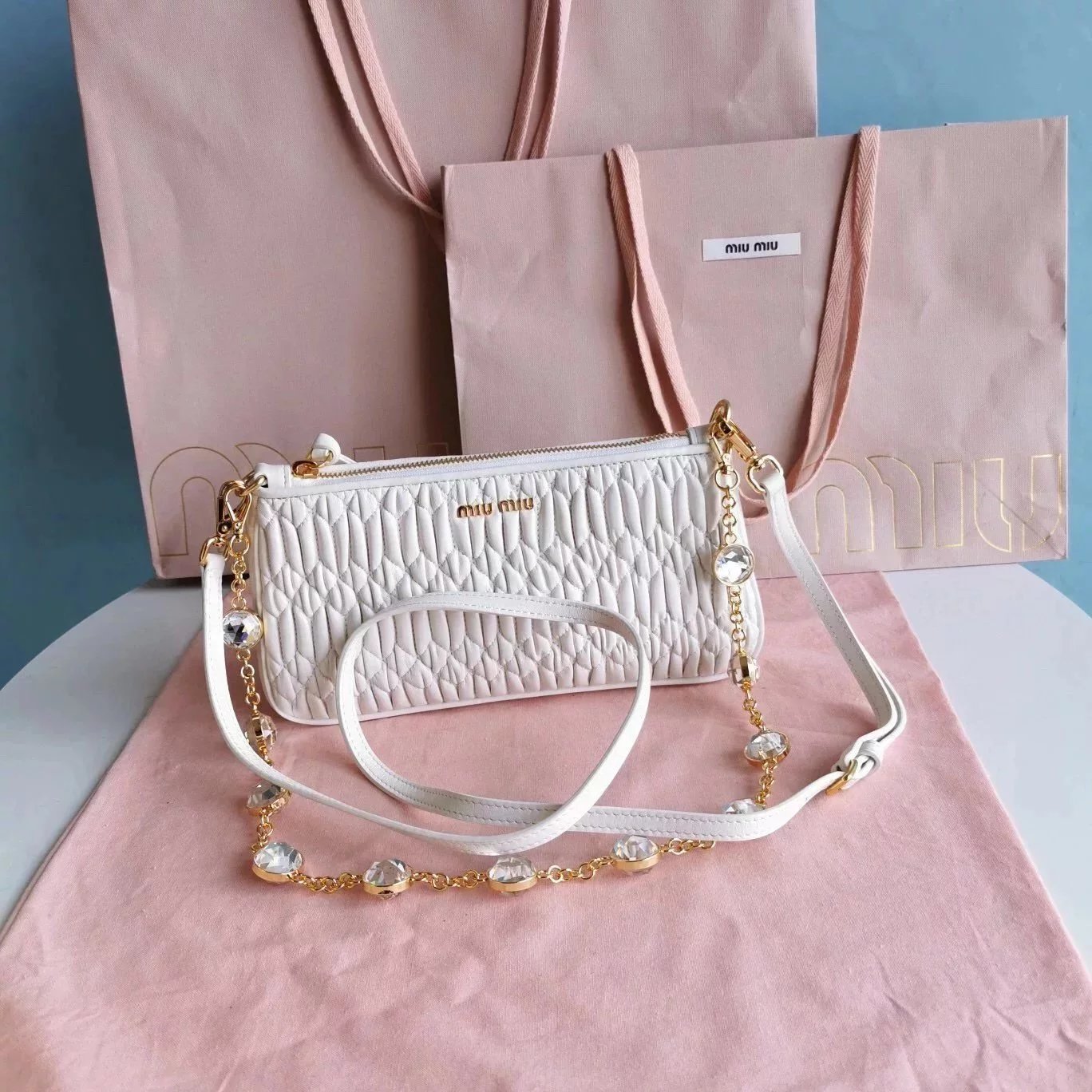 Miu Miu Bag Top version 【M Home】New Season Women's Bag Pleated Lambskin Crystal Chain Accessories Series Handbag Shoulder Messenger Handbag Underarm Bag5BH215