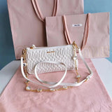 Miu Miu Bag Top version 【M Home】New Season Women's Bag Pleated Lambskin Crystal Chain Accessories Series Handbag Shoulder Messenger Handbag Underarm Bag5BH215