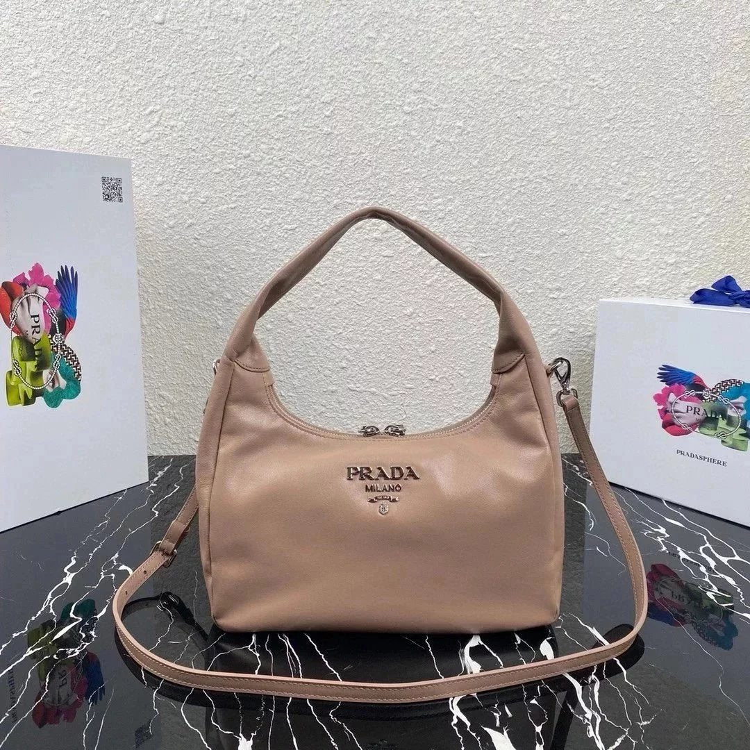 PRADA Bag Top version 2020Autumn and Winter New Hobo Series Retro Style Full Leather Messenger Bag Shoulder Bag Underarm Bag Handbag Women's Bag Women's Bag1BC132