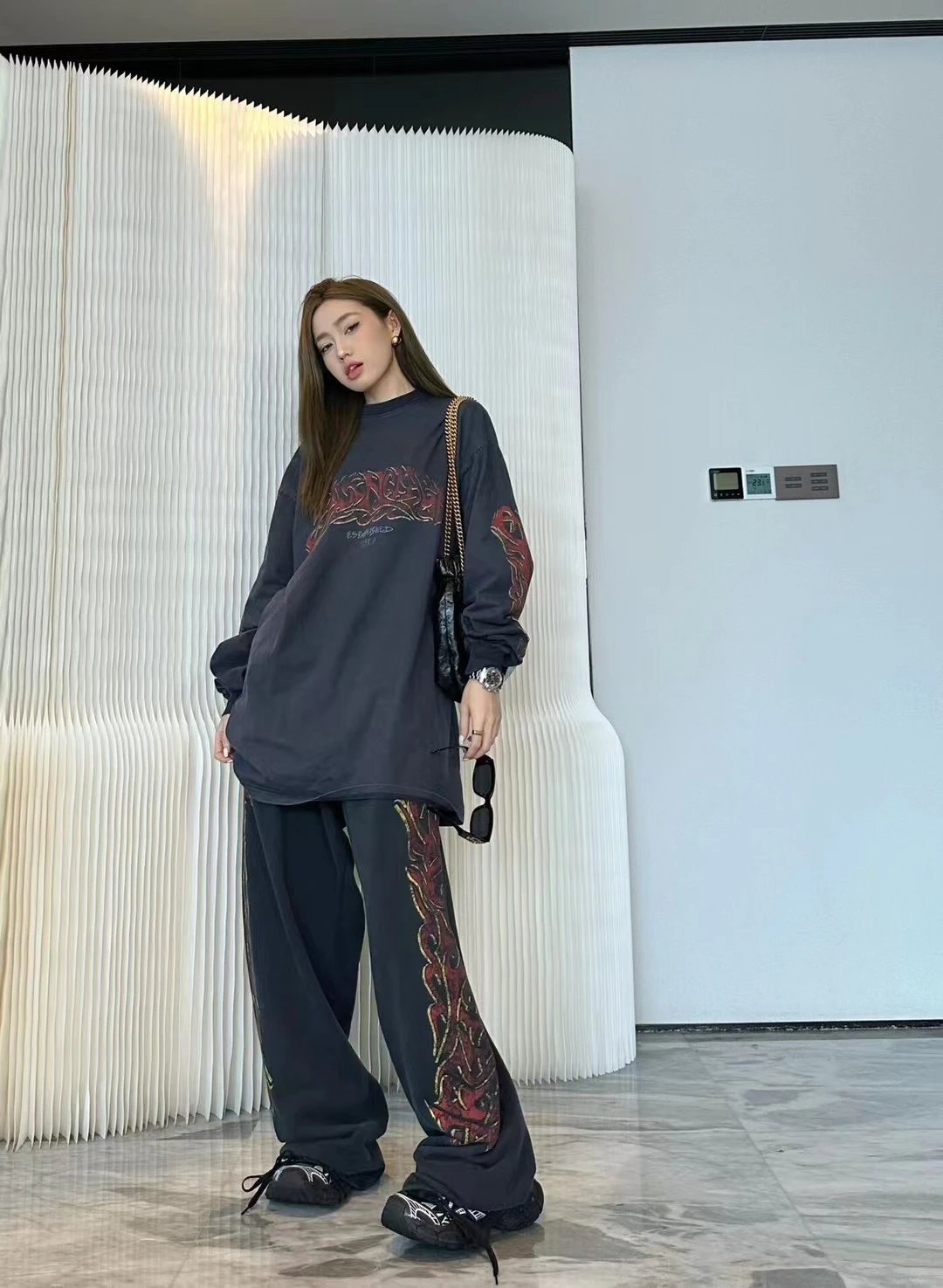 Balenciaga Sweatpants 24FW Flame Totem Fried Snowflake Vintage Sweatpants Straight Long Pants Loose Versatile Unisex Autumn Winter Warm