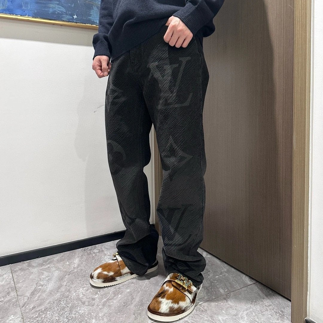 Louis Vuitton LV Jeans 24FW Dark Pattern Burnt Flower Jeans Autumn Winter New Unisex Loose Casual Wide Leg High Waist Pants
