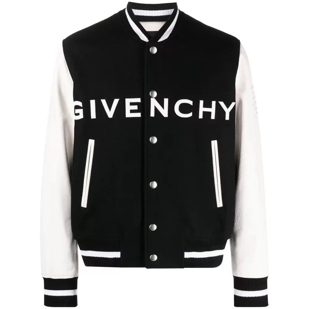 Givenchy Jackets Top Version Wool Blended Cowhide Grain Sleeve Letters Logo Baseball Jacket Black and White Men's Jacket