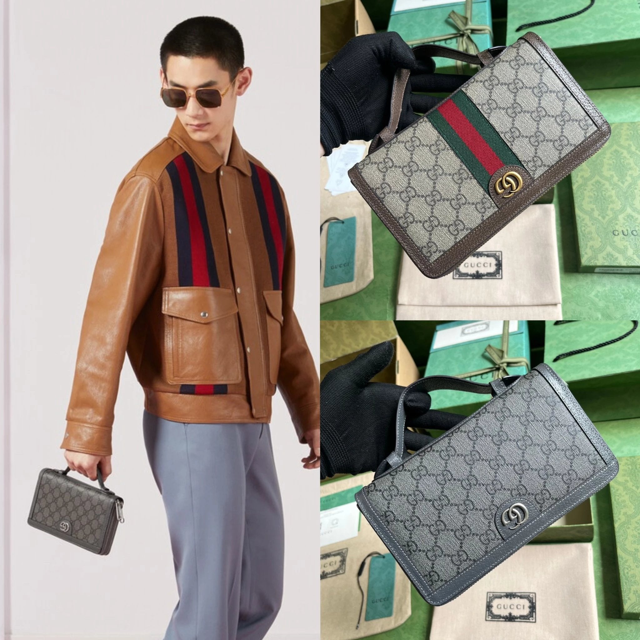 Gucci Wallet Top version **Original Leather New Ophidia Series Travel Clutch Card Holder Mobile Phone Bag Men's Clutch Double Zipper Multiple Card Slots Handbag Large Wallet Multifunctional Bag Men's and Women's Bags751610