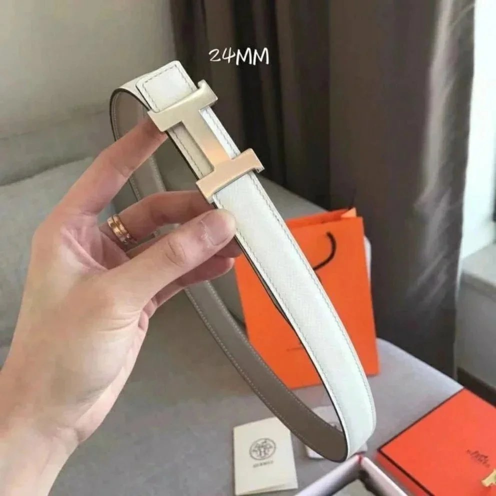 Hermes Belt Top version High Quality Women's Belt First Layer Calfskin Double-Sided Letters h Buckle Casual All-Match Belt2.4cm