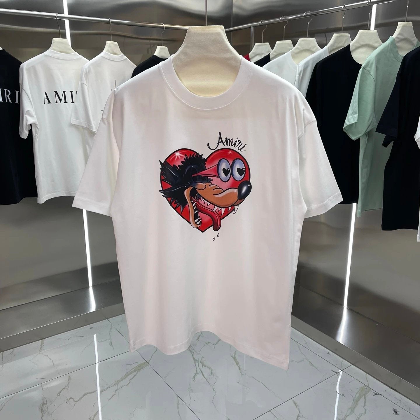 Amiri T-shirt Heart Cartoon Pattern Print on Chest logo round Neck Short Sleeve25ss New Pure Cotton Unisex Style T T-shirt OS Loose Fit Base Shirt Half Sleeve T-Shirt Top Half Sleeve