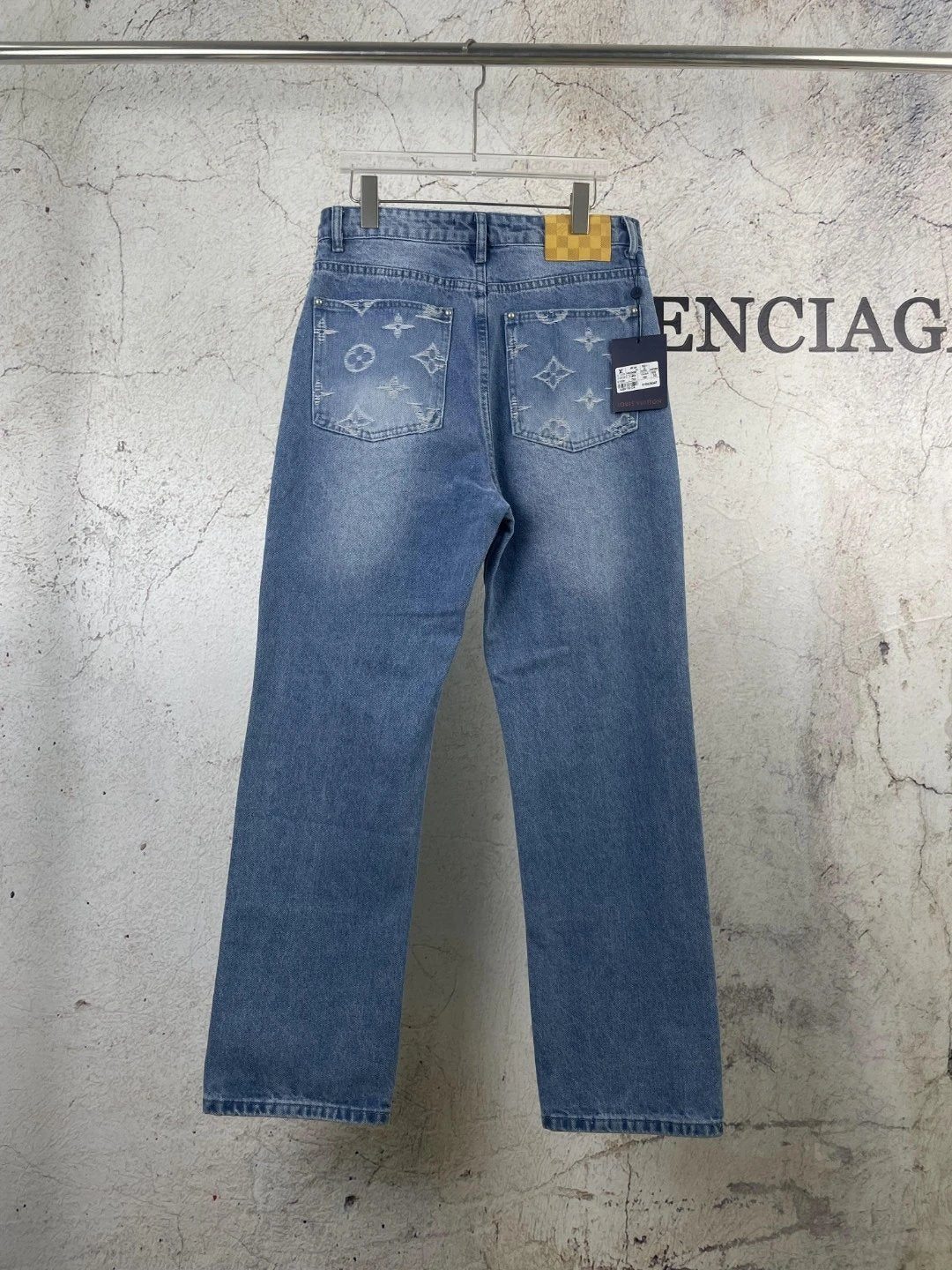 Louis Vuitton LV Jeans Vintage Patchwork Jacquard Straight Washed Blue Jeans Autumn Winter New Unisex Loose Casual Wide Leg High Waist Pants