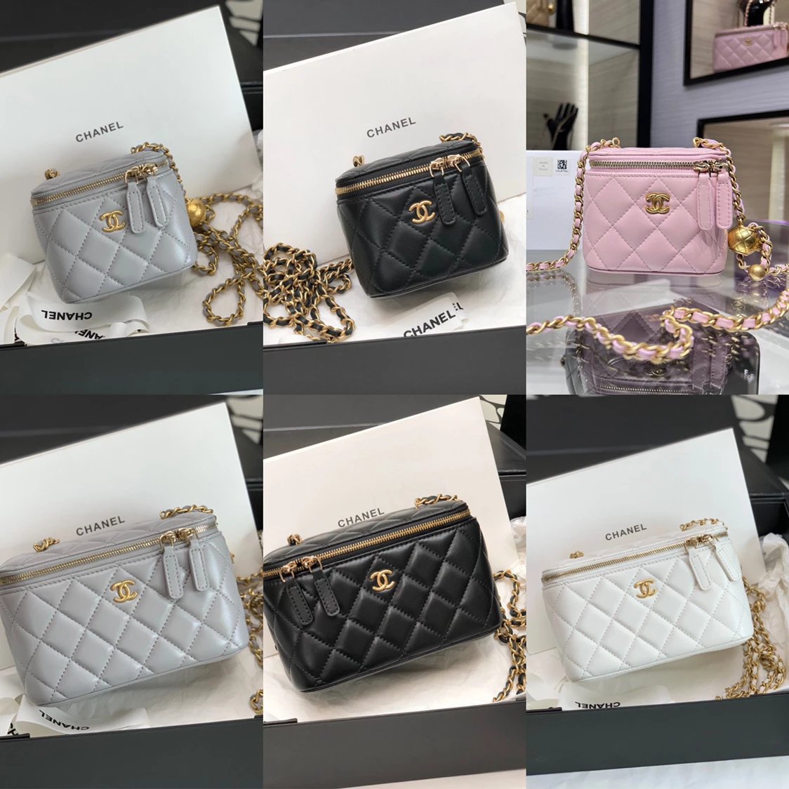 Chanel Women's Bag Top version 【Original Leather】Ohanel Grandma's House22B New Sheepskin Golden Balls Box Bag with Mirror Bottom Double C Long Box Cosmetic Bag mini Small Box Bag Storage Bag Mobile Phone Bag Mini Metal Beads Box Bag Handmade Workshop Seri