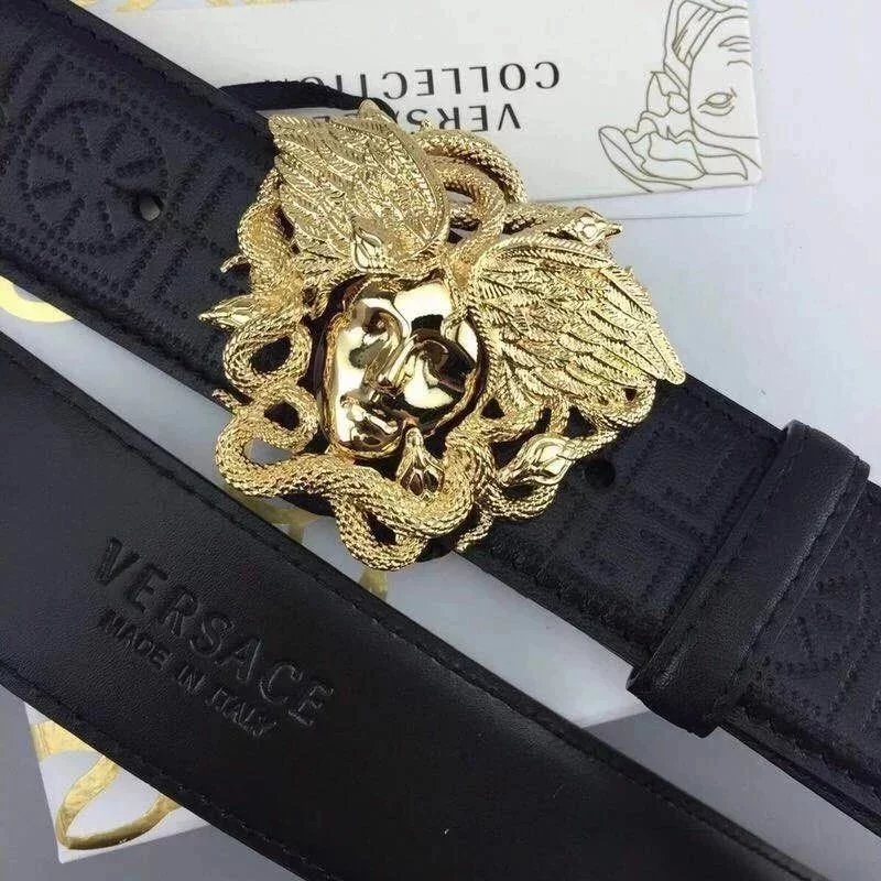 VERSACE Belt Top version Du Meisha Leather Belt Men's Smooth Buckle Cowhide Belt Hair Stylist Korean Style Casual Belt Trendy Men（）Gift for Personal Use