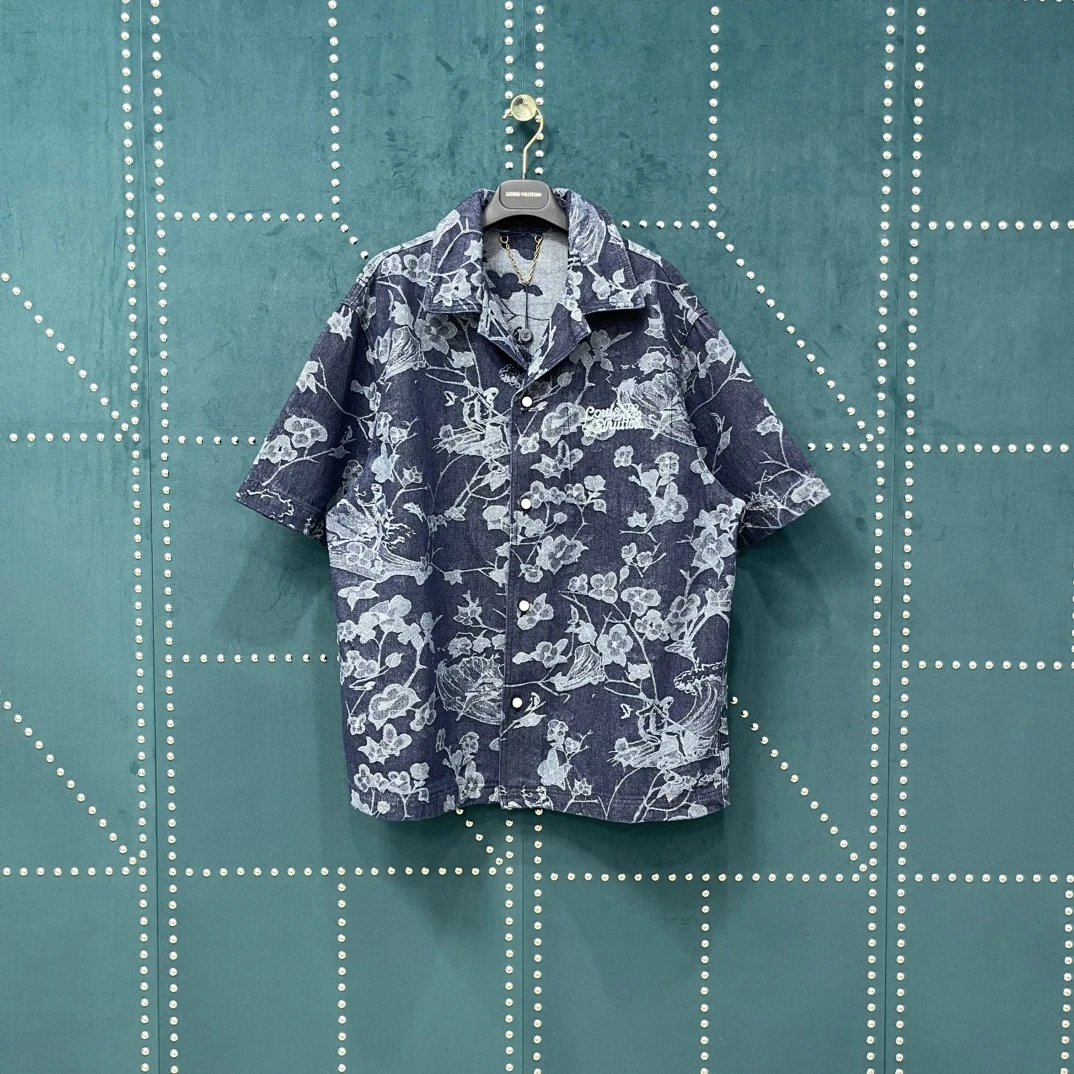 Louis Vuitton LV Shirt Allover Floral Wave Jacquard logo Saga Turn-down Collar Short Sleeve Shirt Versatile Casual Business Unisex Slim Fit Jacket