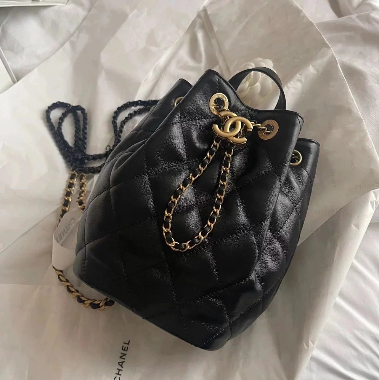 Chanel Backpack Bag Top version 【**Original Leather】22s Dual-Use Backpack Drawstring Design Small Bucket Bag Backpack Sheepskin Material Double Chain Hand-Carrying Bucket Bag Shoulder Bag Women's Bag New Color