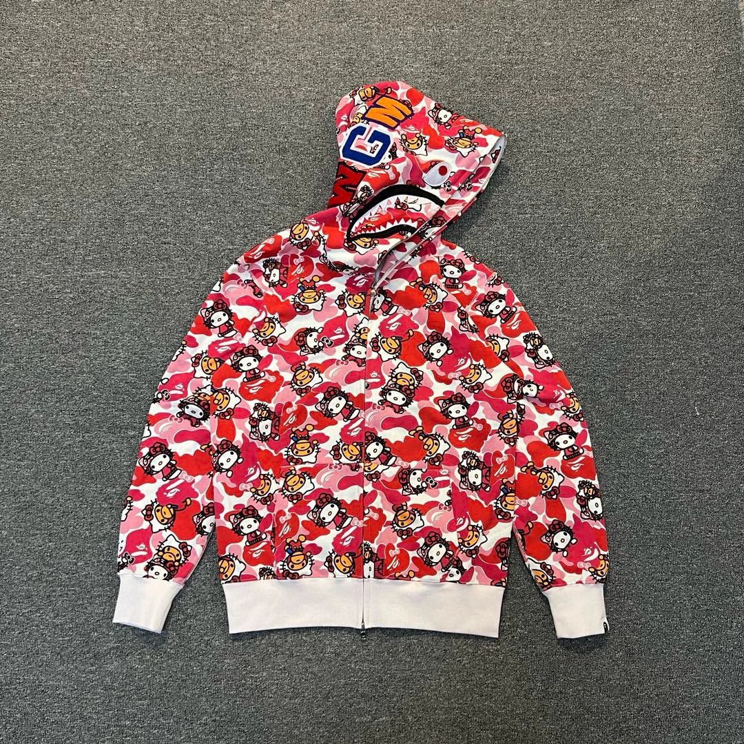 Bape Hoodie Top Version Hello Kitty Sweater Men's Full Printed Camouflage Cardigan Zipper Hooded Spring and Autumn Fashion Brand Shark Coat Women's Pink