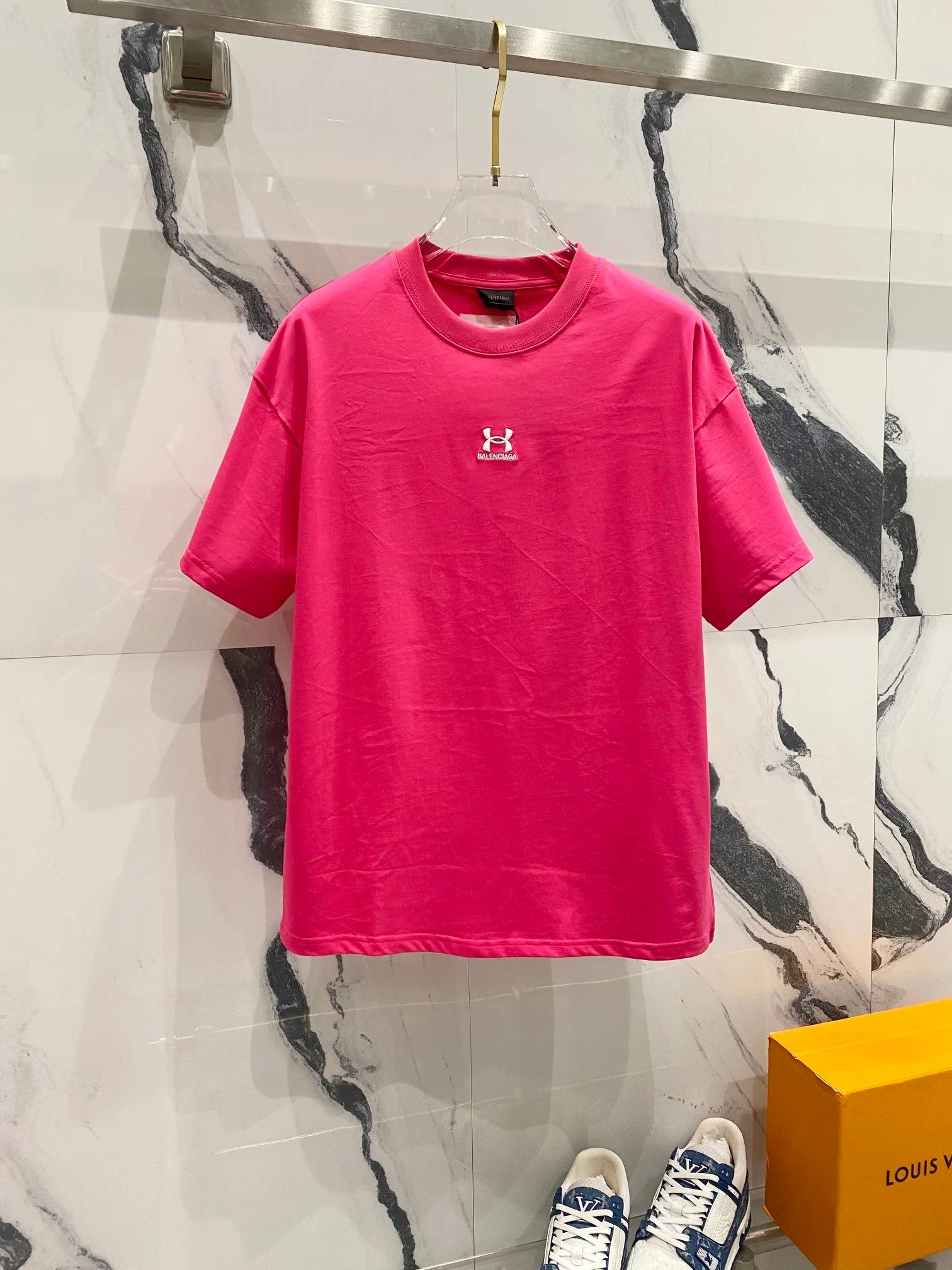 Balenciaga T-shirt Collaboration Brand Small Letters LOGO Embroidered Logo Crew Neck Short Sleeve Pure Cotton Unisex T T-shirt OS Loose Fit T-Shirt Casual Simple Base Shirt