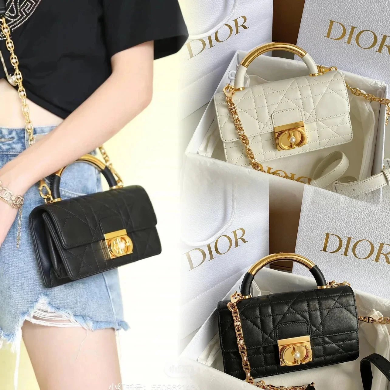 Dior Women's Bag Top version 【Original Leather Premium Quality】2024Latest Ange Chain Bag Signature Oversized Rattan Plaid，Metal Handle Bag Handbag Pearl Chain Bag Ange Handbag Chain Women's Bag