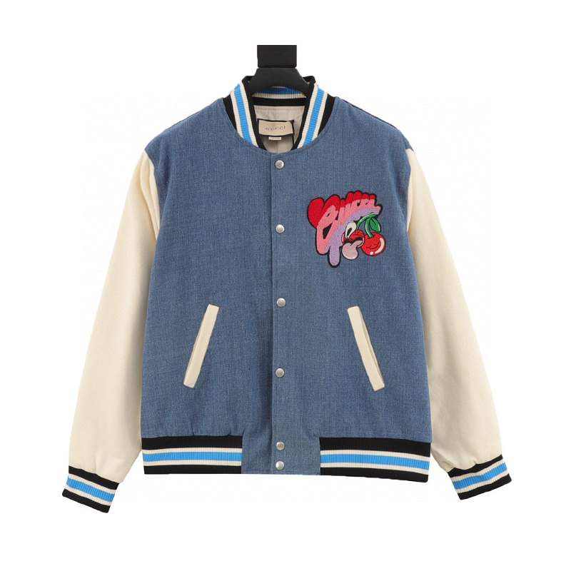 Gucci Jackets Cherry Embroidery Denim Stitching Baseball Jacket for Men and Women