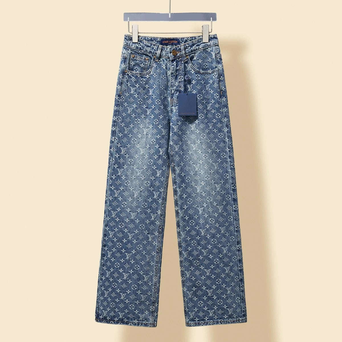 Louis Vuitton LV Jeans Full Print Monoqram Jacquard Pattern Straight Washed Denim Pants Women Casual Versatile