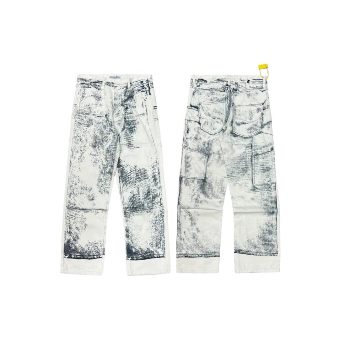 Dior Jeans Full-body Ink Sketch Print logo25ss Spring Summer New Straight Slim Fit Jeans Unisex Loose Fit Long Pants
