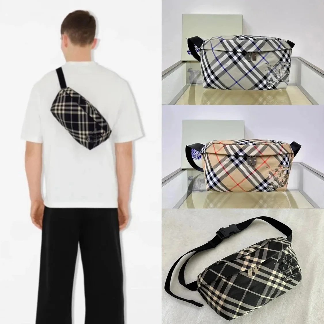 Burberry Men's Bag Top version 【Super Version Original Factory】The Most New Waist Bag Bur Exclusive Plaid Equestrian Knight Messenger Bag Chest Bag Waist Bag Men's Bag New Plaid Casual Men's and Women's Bags Summer Packet