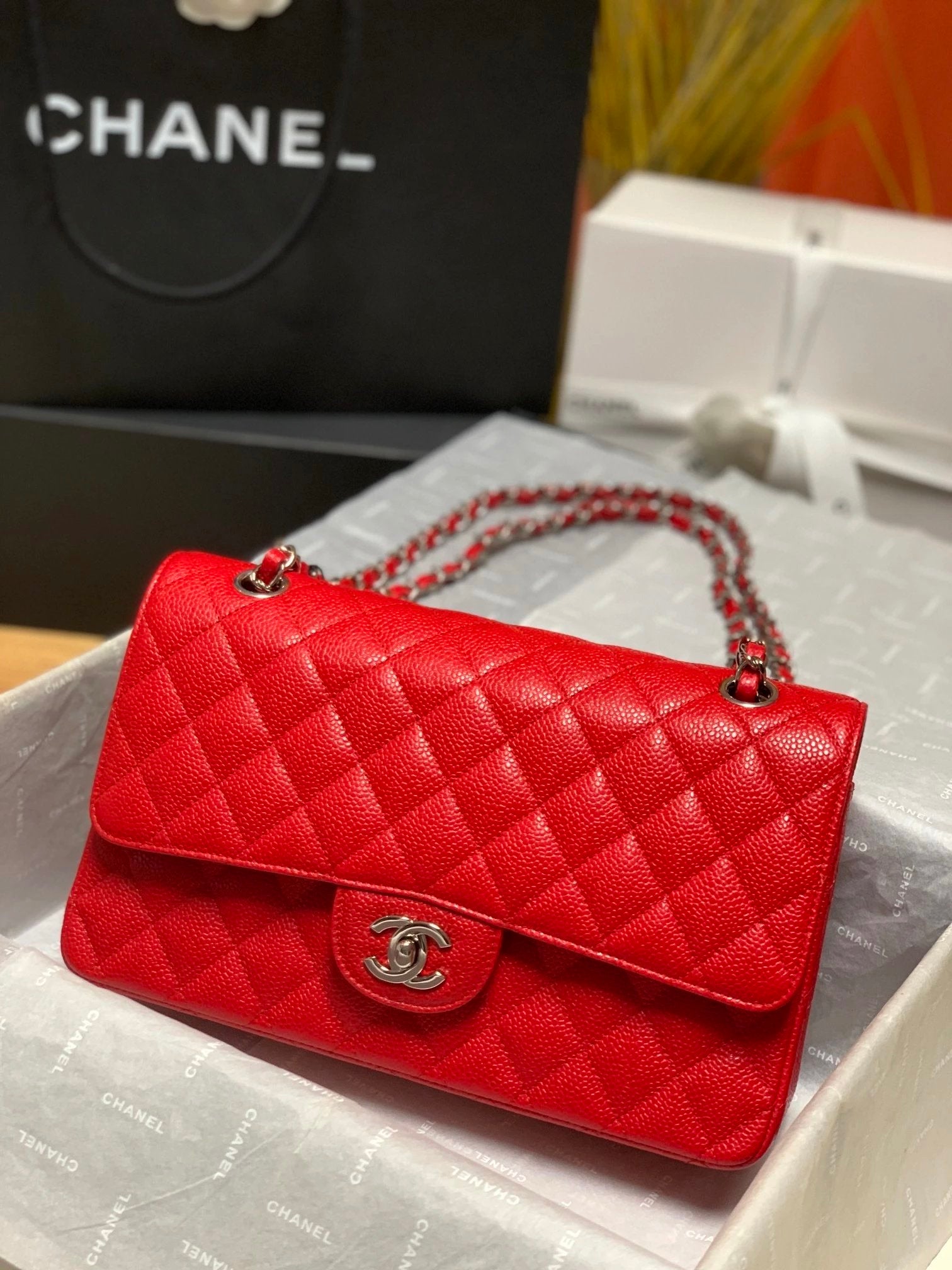 Chanel Women's Bag Top version 【Level Surrogate Shopping】New Classic CF Bag ClassicFlap2.55CF Medium25cm Original Leather Ball Pattern Caviar Diamond Chain Sheepskin Bag Shoulder Messenger Bag Women's Bag1112CF25cm Medium