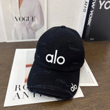Alo Yoga Hat Classic Distressed Letters logo Baseball Cap Sunshade Sun Protection Duckbill Cap Large Head Circumference Slimming Face Curved Brim Versatile Sports Hat for Men and Women Couples Same Style