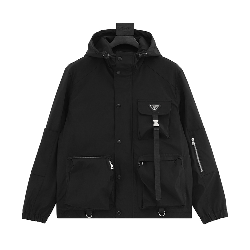 PRADA Jackets Triangle Mark Multi-Pocket Hooded Jacket for Men and Women