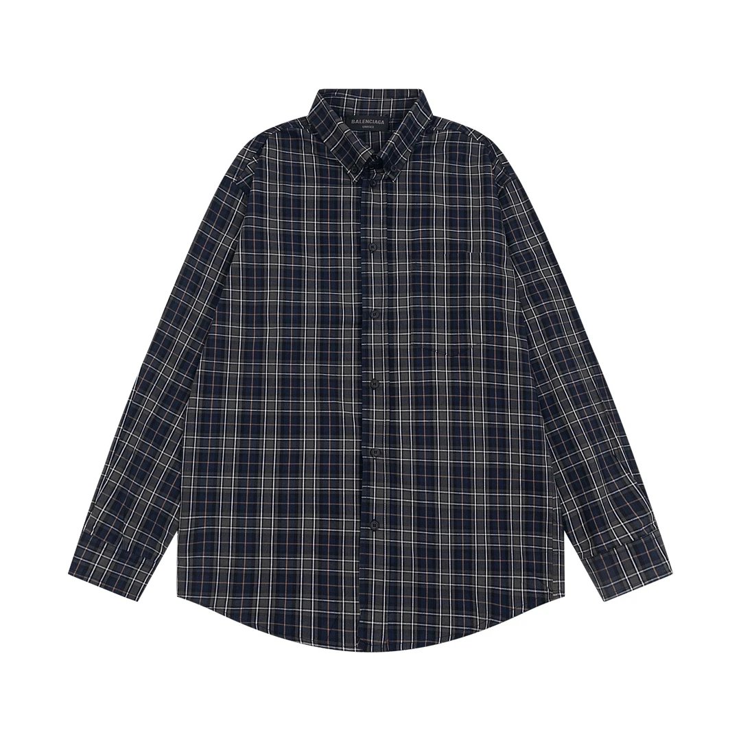 Balenciaga Shirt Green and gray plaid back logo Long Sleeve Shirt Versatile Casual Loose Fit Turn-down Collar Long Sleeve Shirt os Unisex Style24ss Autumn and Winter New Products