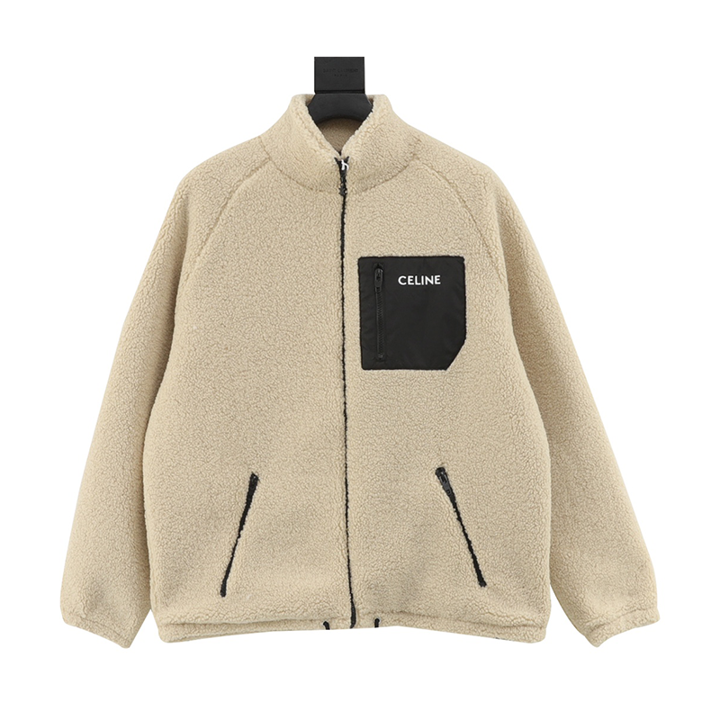 Celine Jackets Pocket Embroidered Letters Lamb Wool Coat for Men and Women